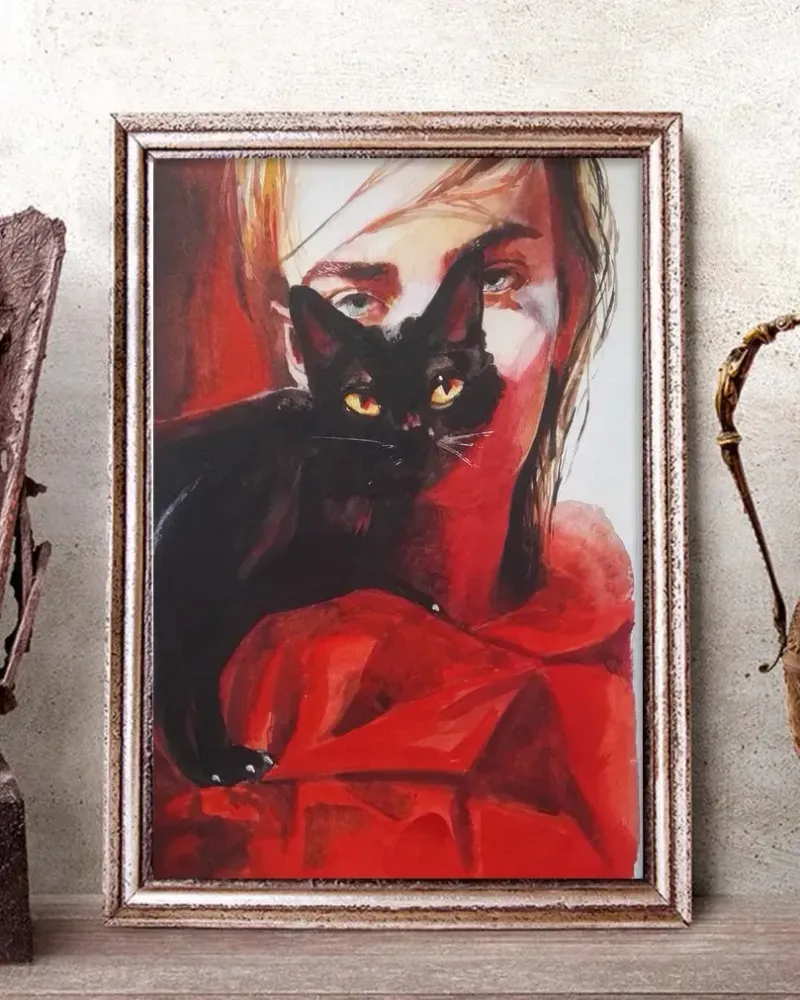 Девушка в красном и черный кот. Акварель 20×30 см — 20×30 см