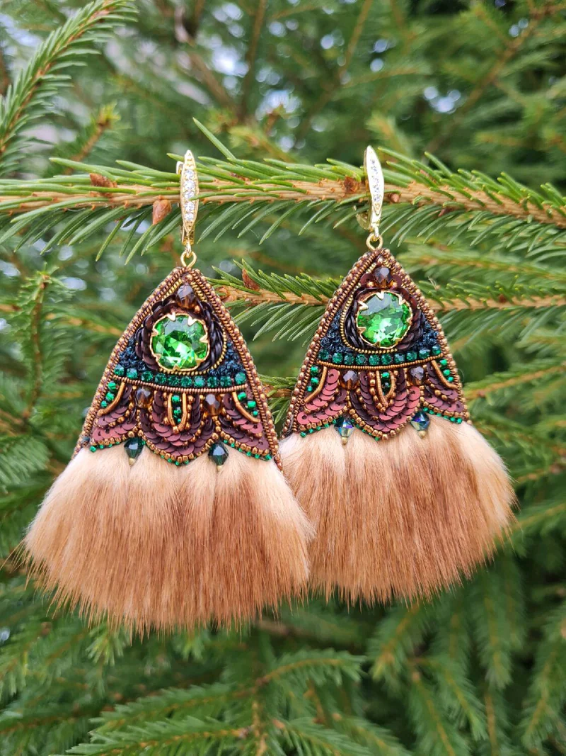Серьги вышитые бисером,с натуральным мехом норки, мультиколор
