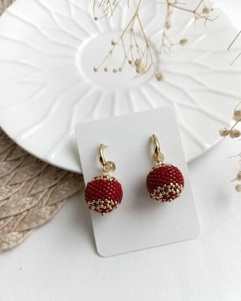 Серьги Шарики Сферы из бисера бордовый золотой подарок девушке