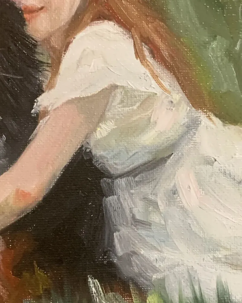 Девочка с собакой. Картина маслом 20×20 см — 20×20 см