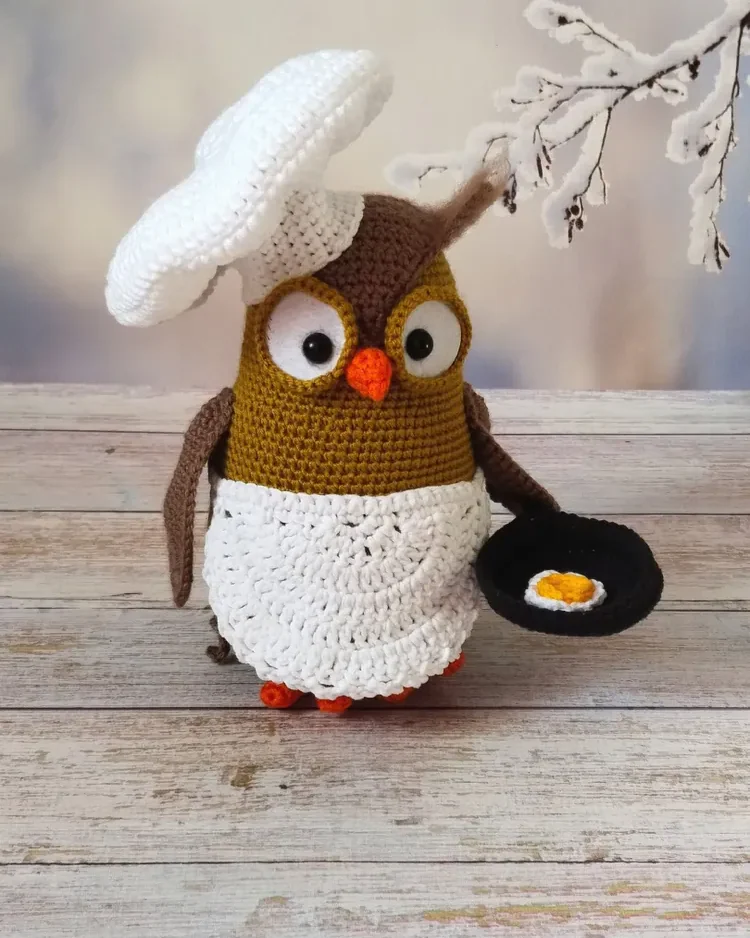 Вязаная игрушка сова повар, мягкая игрушка ручной работы,14+