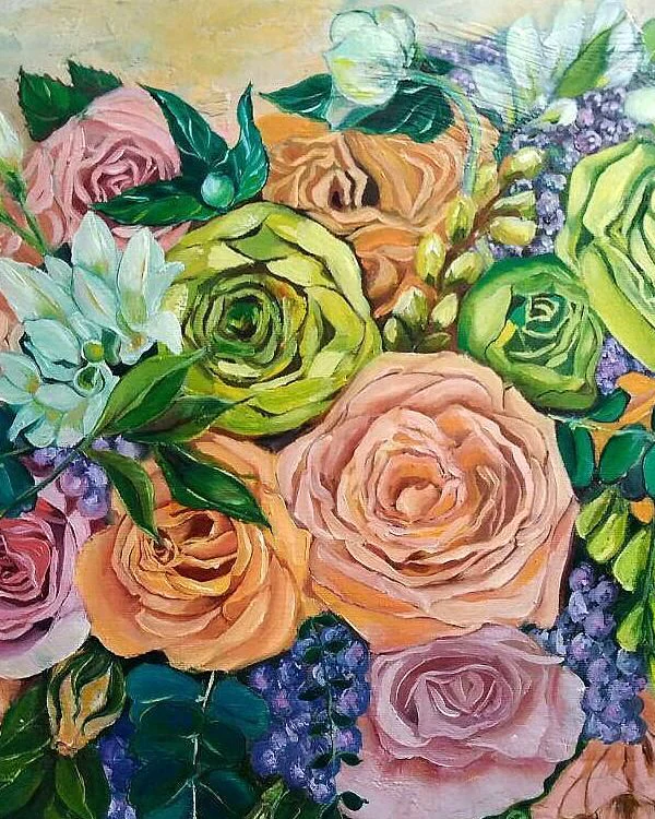 Картина маслом на холсте цветы, розы, Фантастический букет