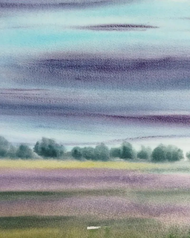Лавандовые поля. Туман, акварель — 30×40 см