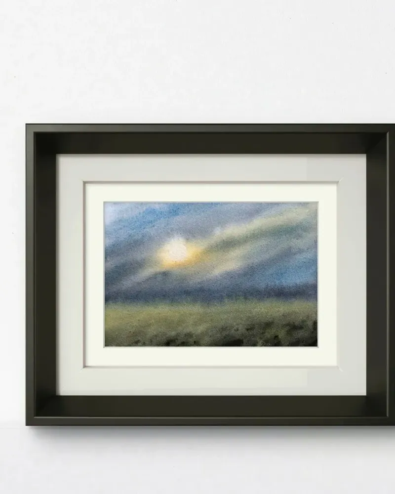 Летний пейзаж акварелью в раме — 15×21 см, в раме