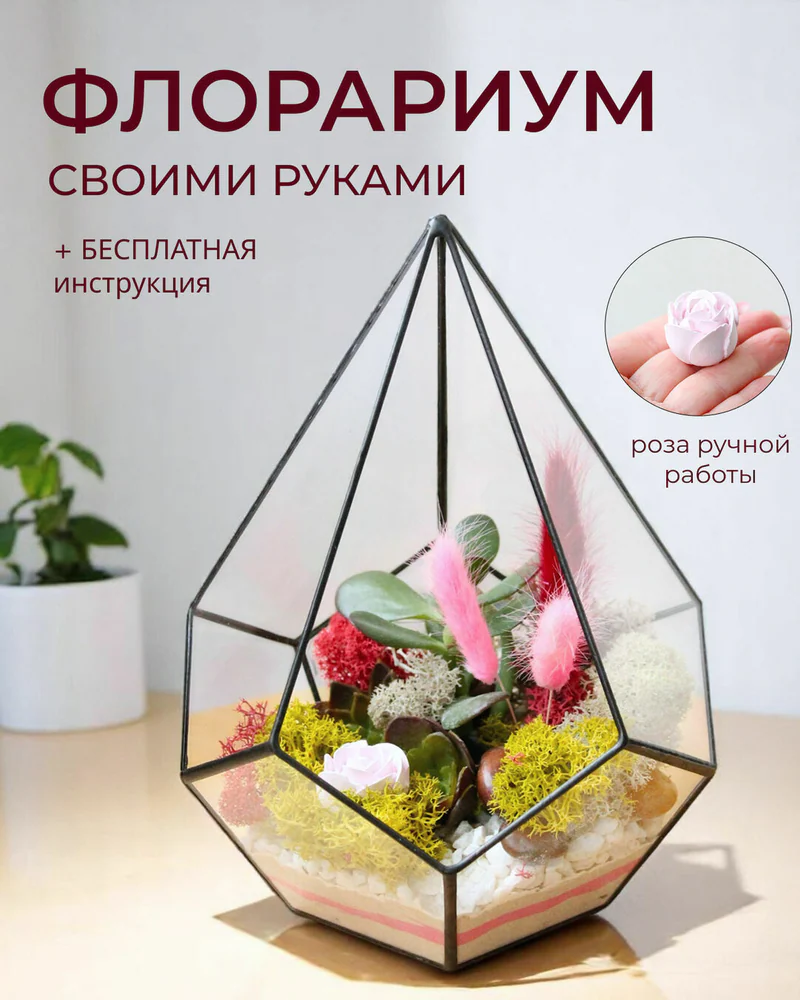 Флорариум, Набор для самостоятельной сборки флорариума капля с розой — Основной