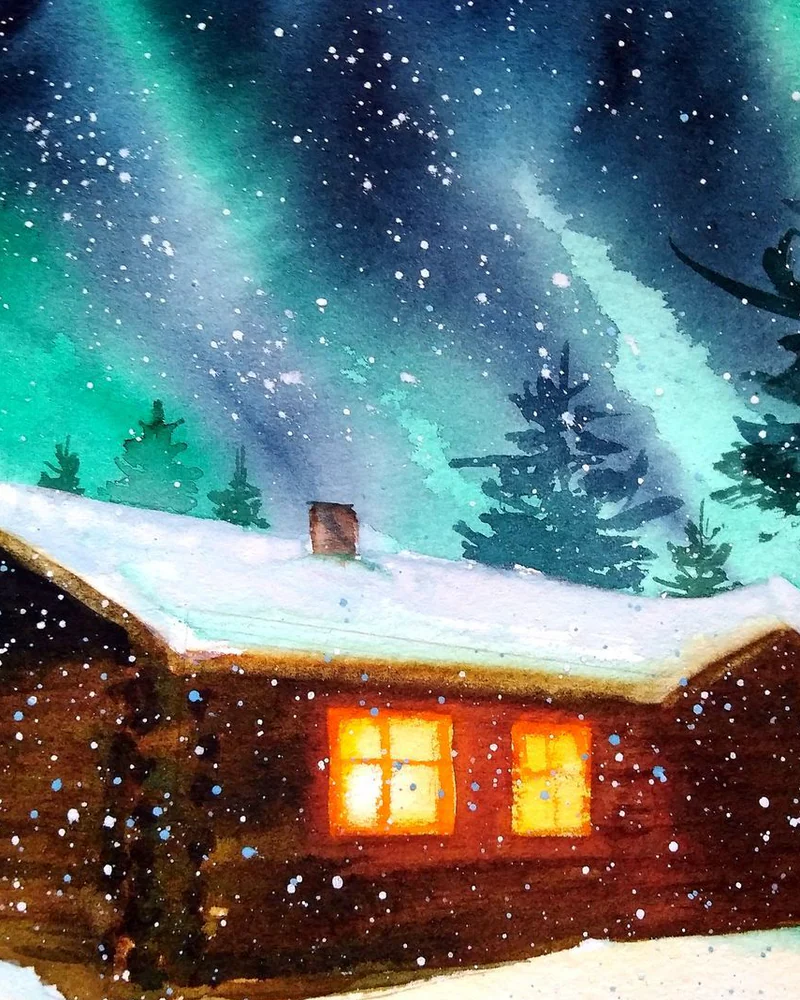 Зима акварелью картина
