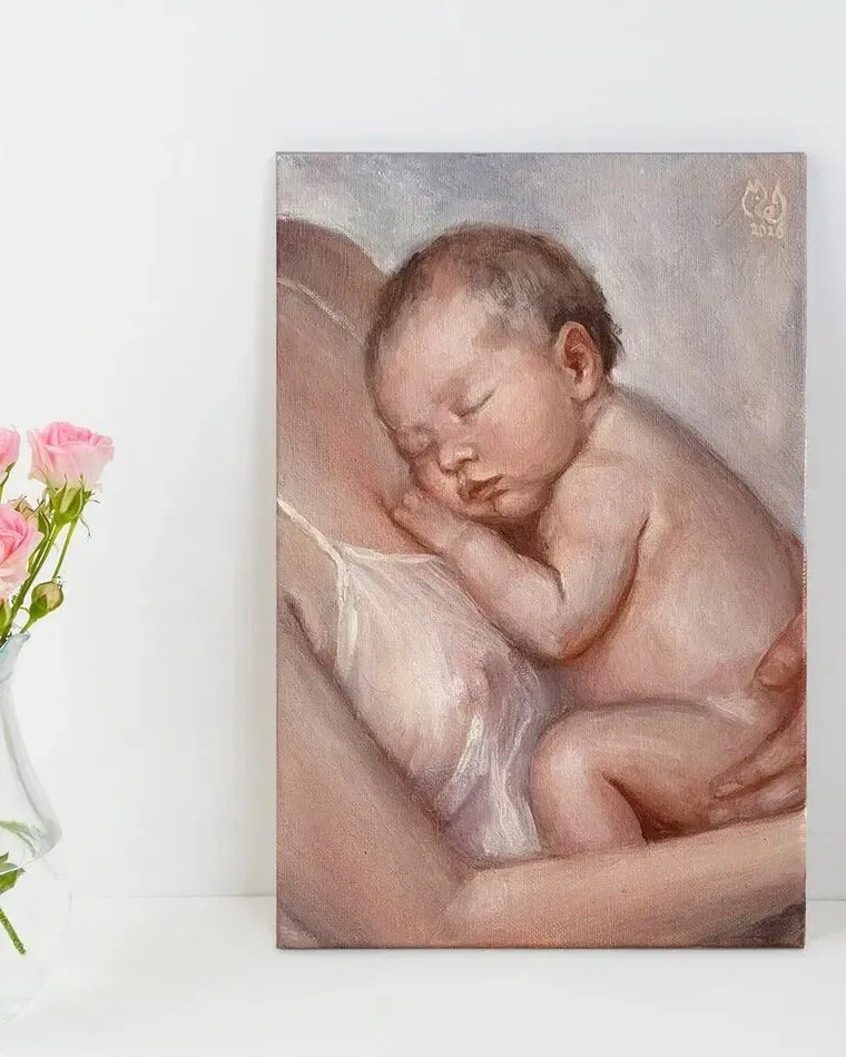 В маминых объятиях. Картина маслом 20×30 см — 20×30 см