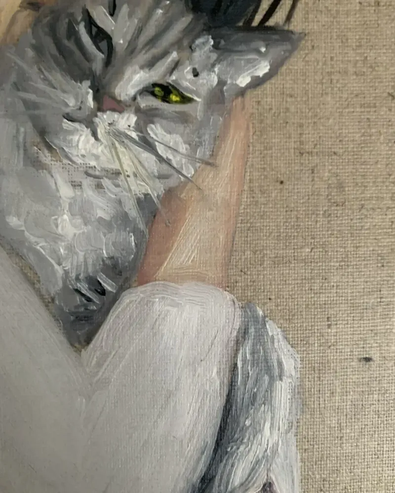 Девушка и кот. Картина маслом 23×29 см — 23×29 см