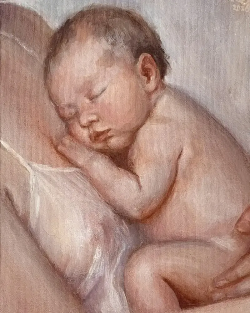 В маминых объятиях. Картина маслом 20×30 см — 20×30 см