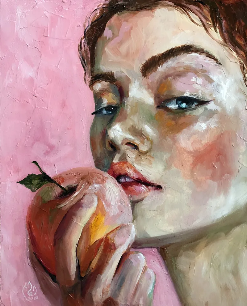 Девушка и яблоко. Картина маслом 40×50 см — 40×50 см