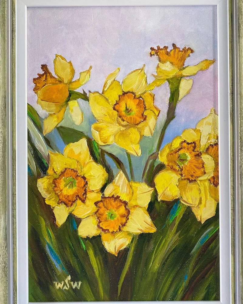 Картина маслом цветы. Нарциссы. Натюрморт 25×35 см — Оригинал