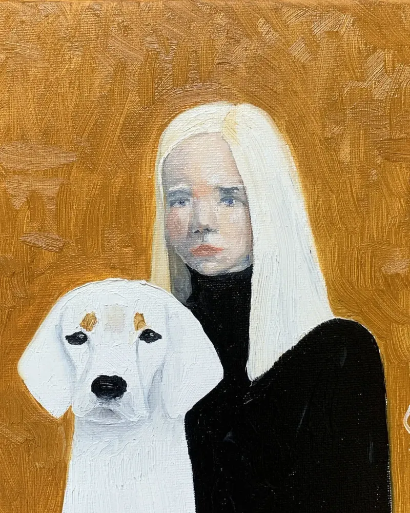 Девочка с собакой. Картина маслом 20×20 см — 20×20 см