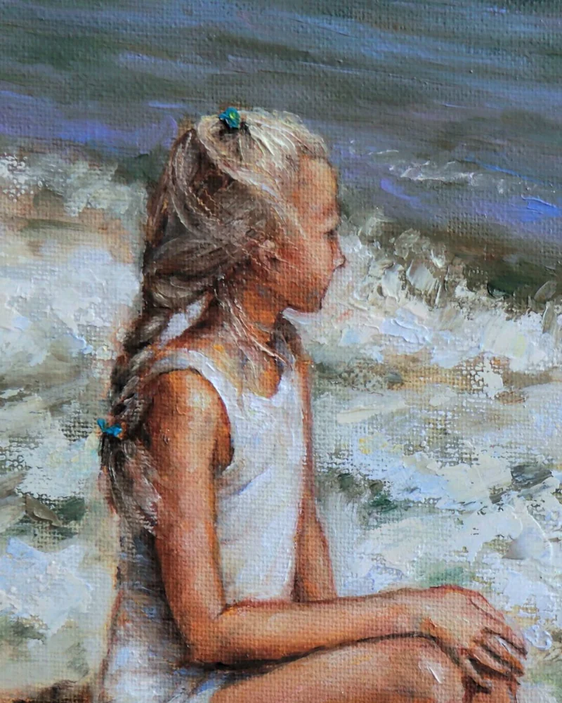 Девочка и море. Масло, холст на оргалите. 30х30 см