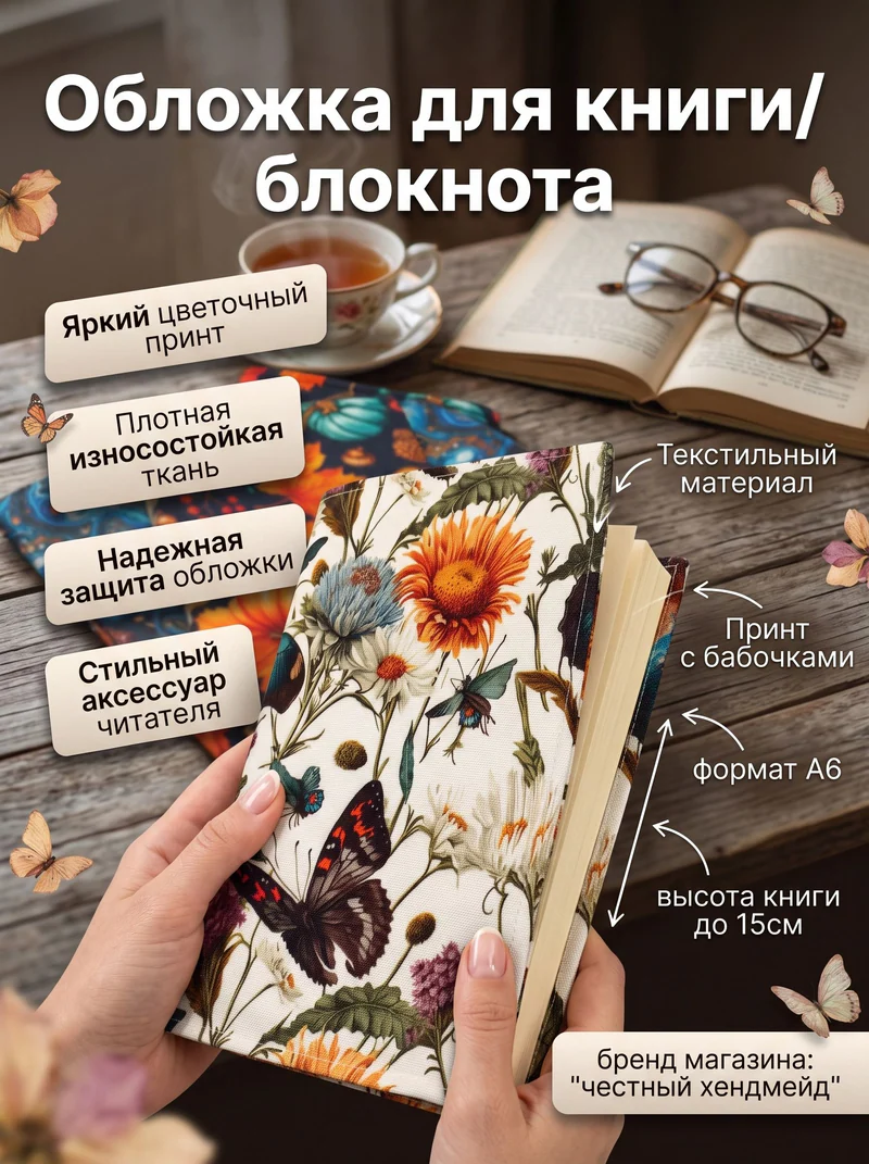 Тканевая обложка для книги и блокнота A6