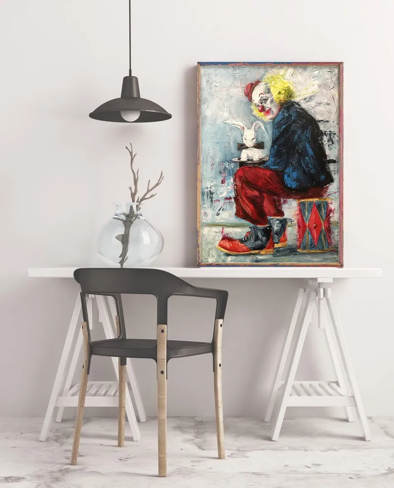 Клоун и кролик в шляпе. Картина маслом 35×50 см — 35×50 см