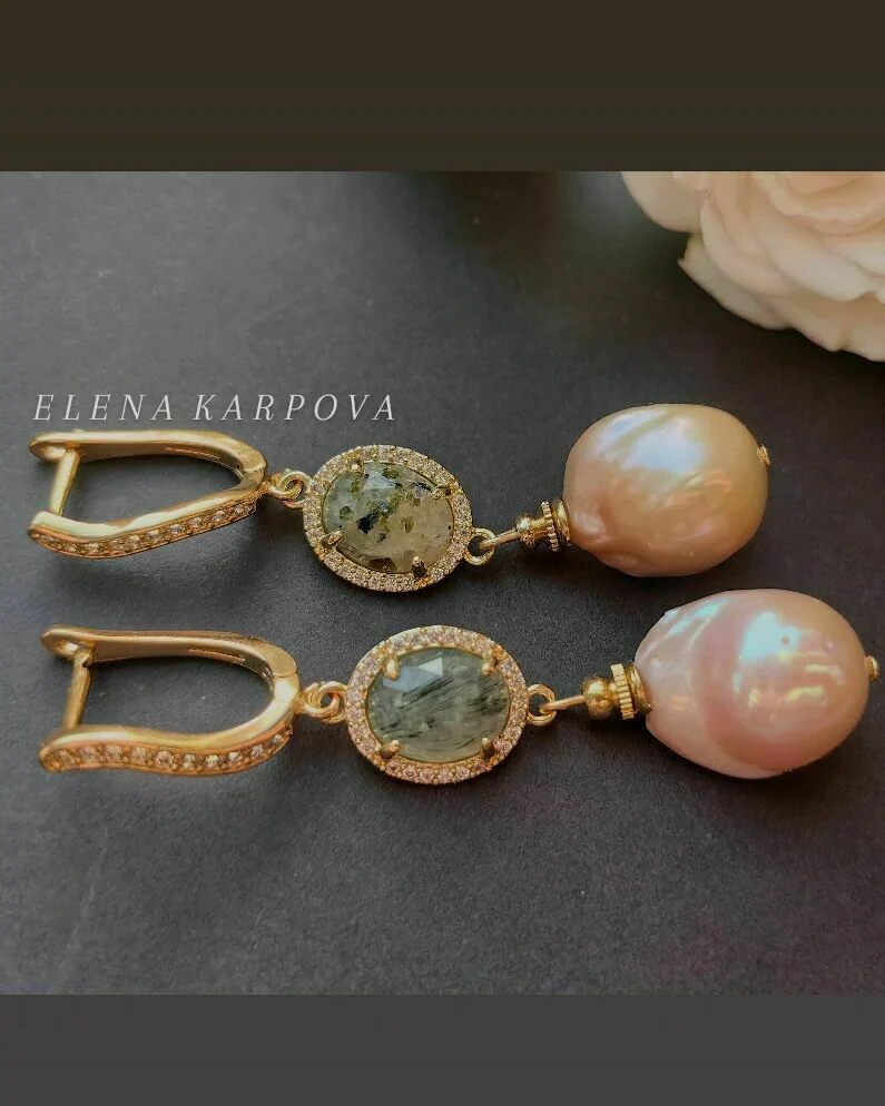 Серьги с жемчугом барокко и натуральным пренитом
