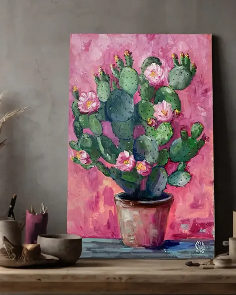 Кактус с цветами. Картина маслом 40×60 см — 40×60 см