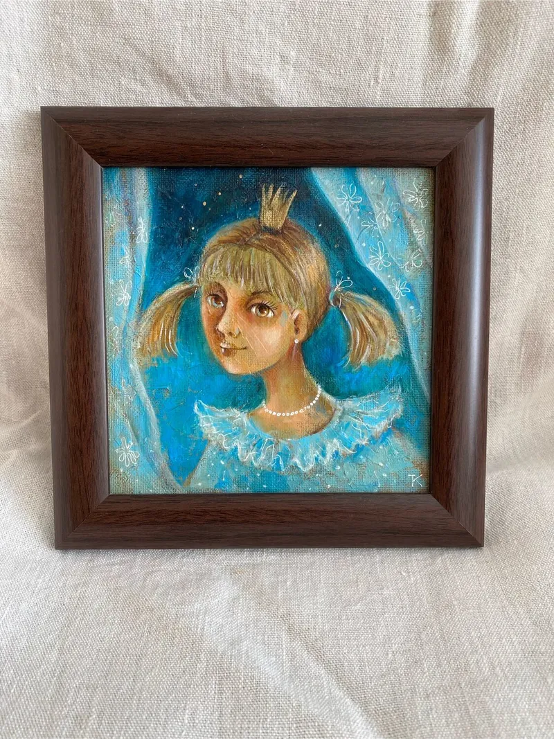 Картина «Принцесса в голубом», акрил, 20×20 см с рамой