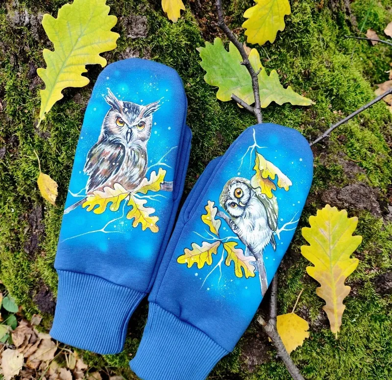 Варежки «Совушки» с росписью — синие