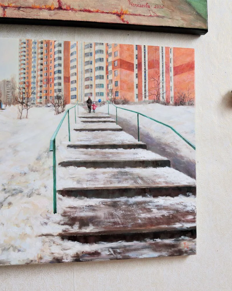 На районе. Лестница. Масло, холст