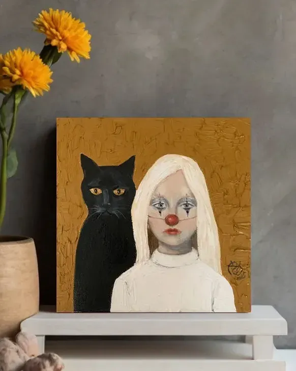 Клоунесса с черным котом. Картина маслом 20×20 см — 20×20 см