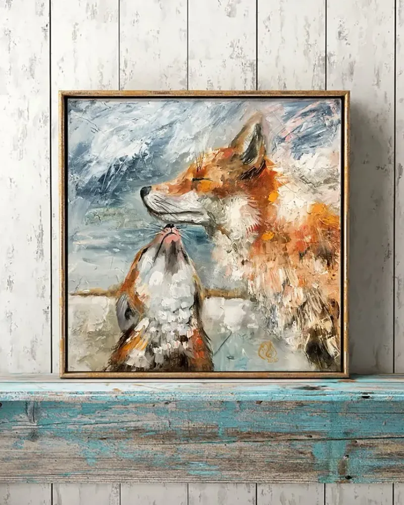 Лиса мама и малыш. Картина маслом 30×30 см — 30×30 см