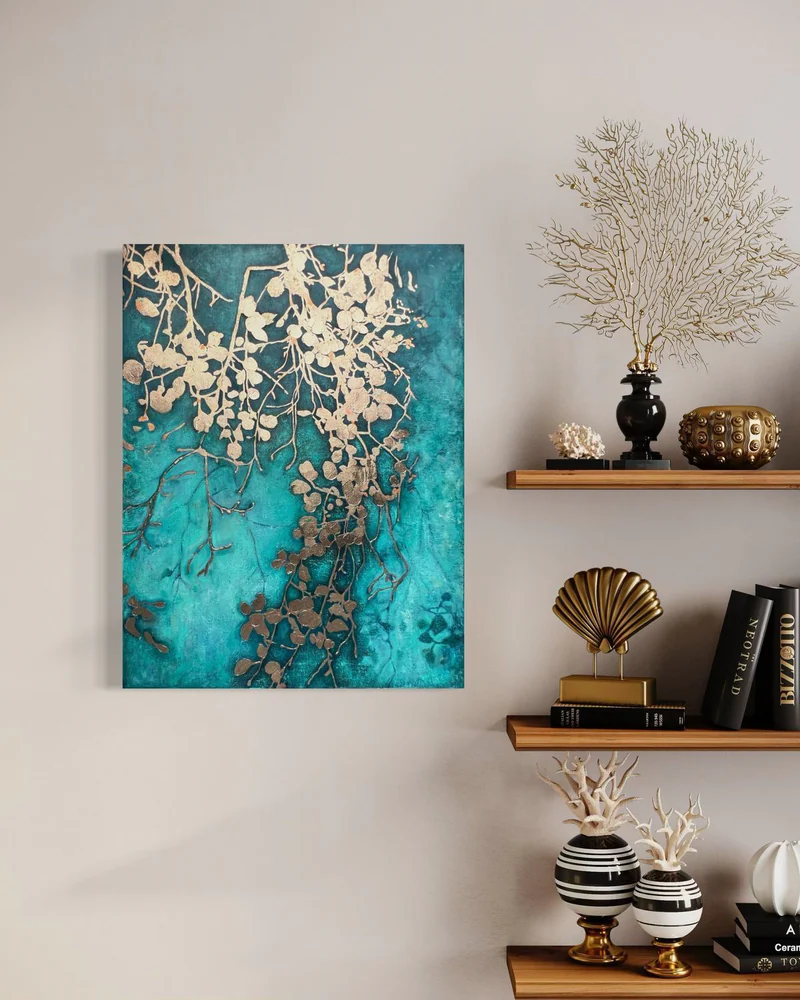 Картина «Ветка» с золочением, 60×80 см, бирюзовая