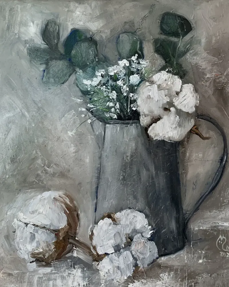 Цветы и хлопок. Картина маслом 40×40 см — 40×40 см