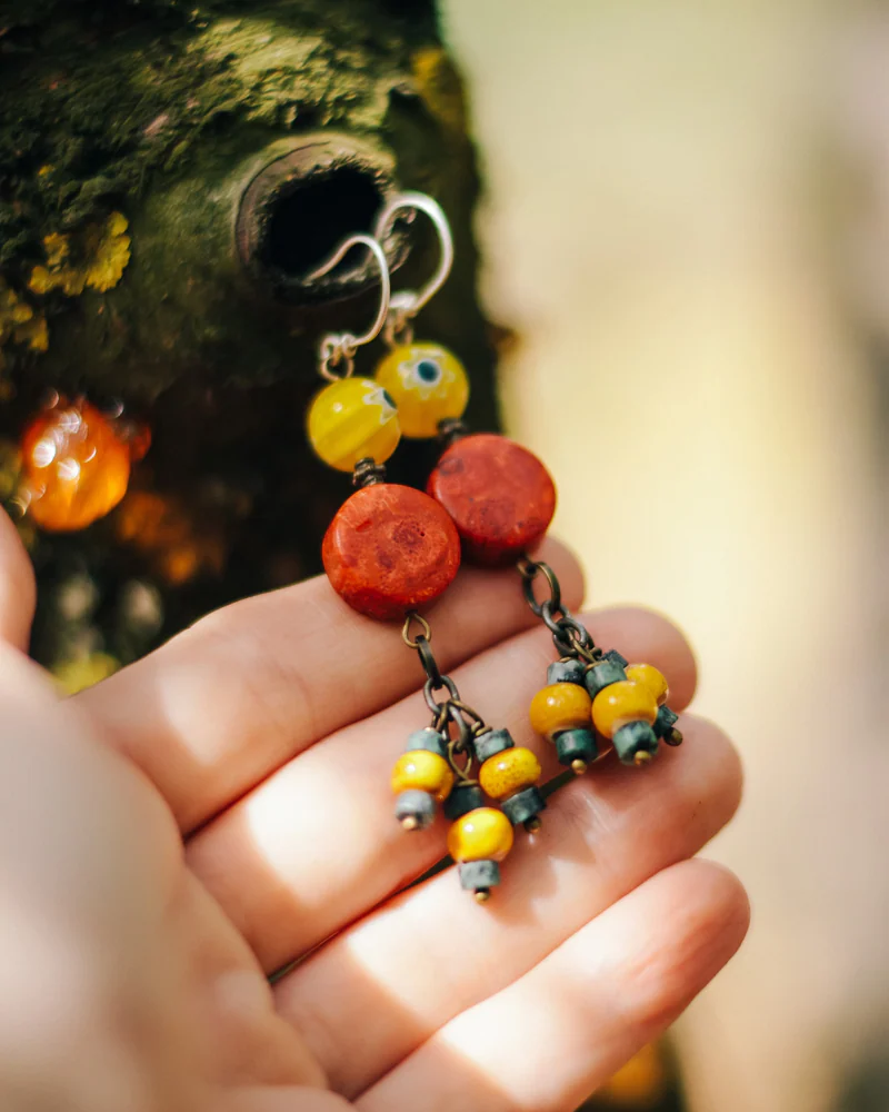 Серьги коралл, стекло, бирюза, керамика