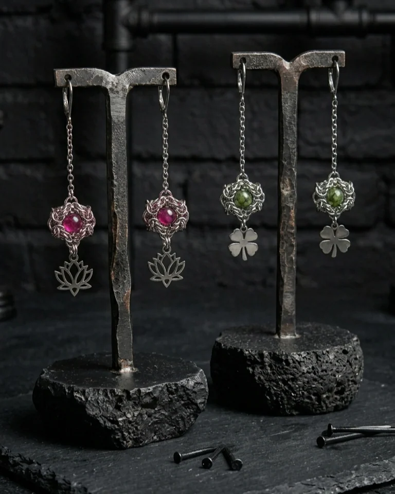 Серьги с лотосом и клевером — Тигровый глаз лотос