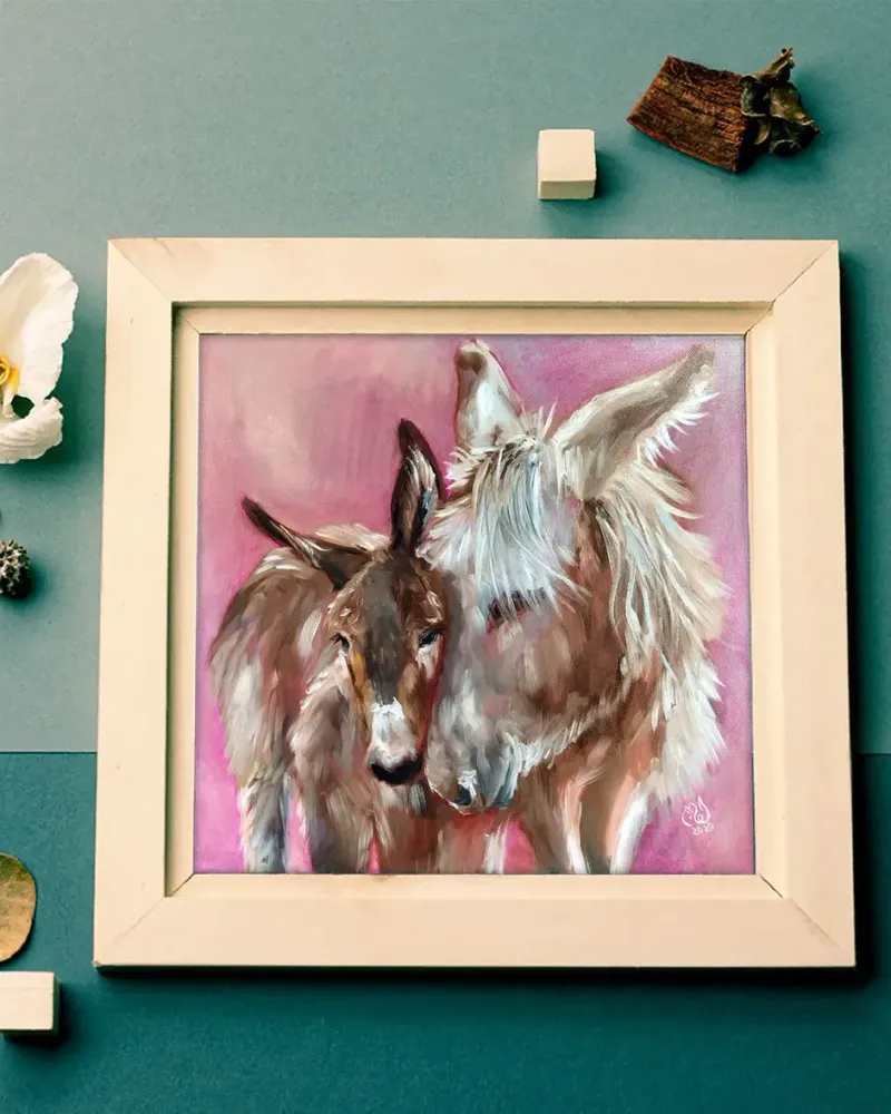 Ослики мама и малыш. Картина маслом 40×40 см — 40×40 см