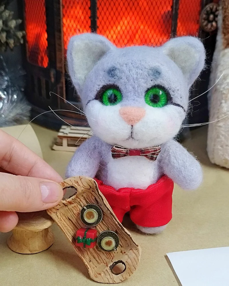 Серый Котик игрушка из шерсти, фигурка кота