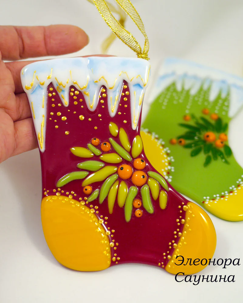 Елочное украшение Новогодний носок Стекло Фьюзинг