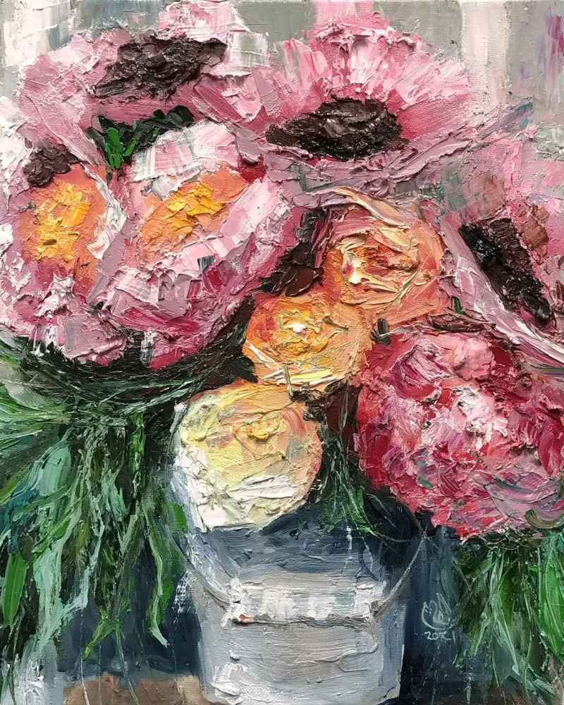 Букет пионов в вазе. Картина маслом 40×40 см — 40×40 см