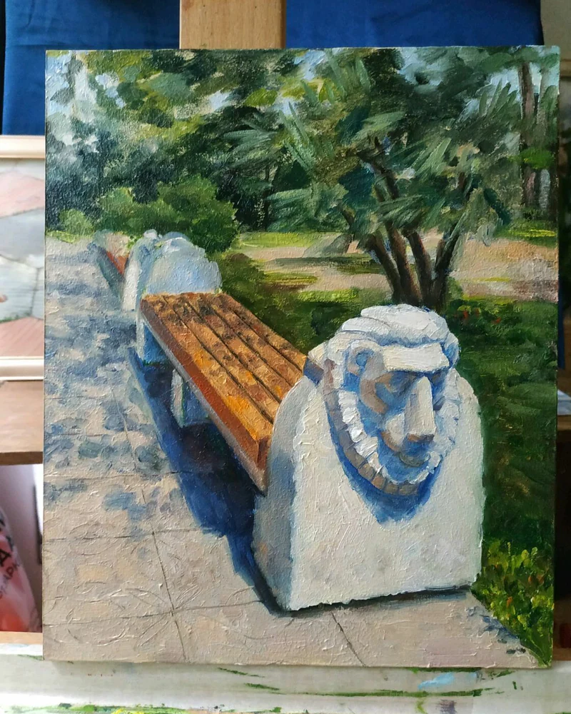 Скамейка с головой льва. Картина маслом 30х25