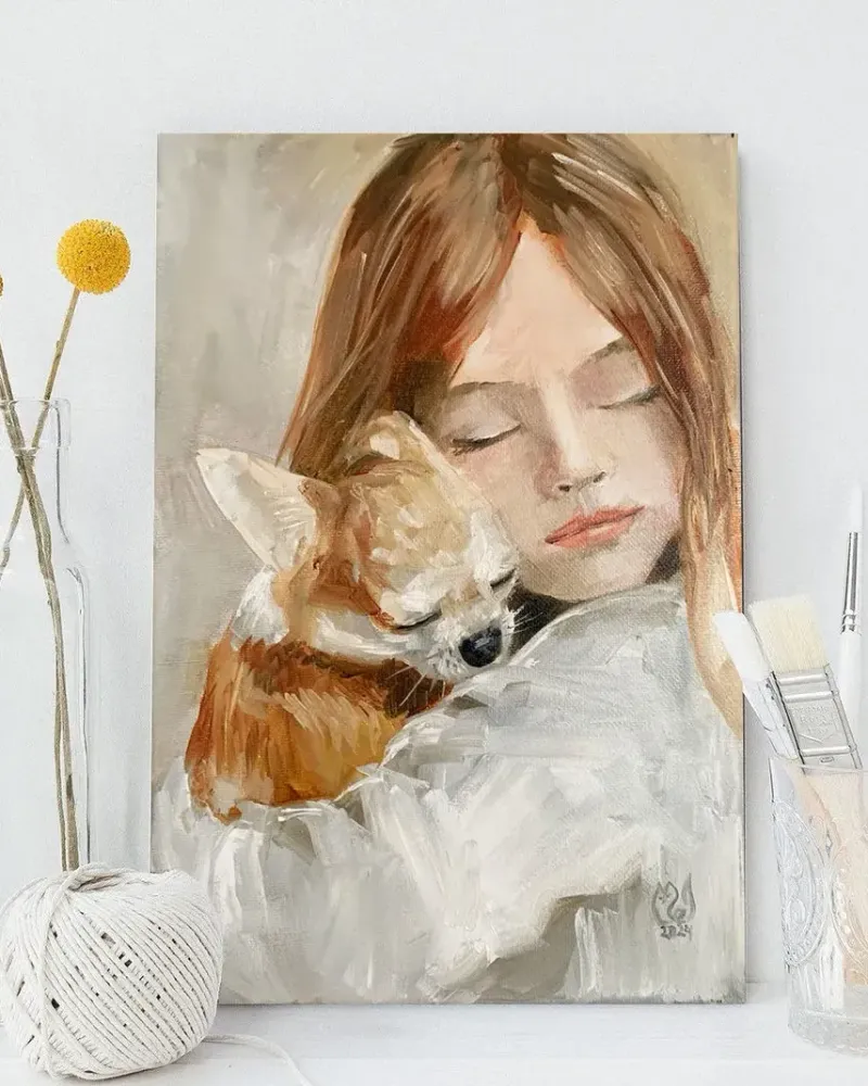 Девочка с собачкой. Картина маслом 20×30 см — 20×30 см