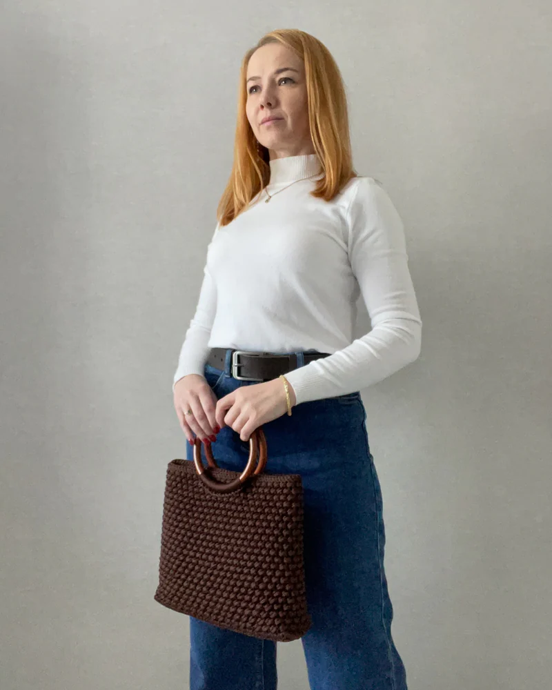 Сумка вязаная с деревянными ручками, женская, коричневая, L, ручная работа