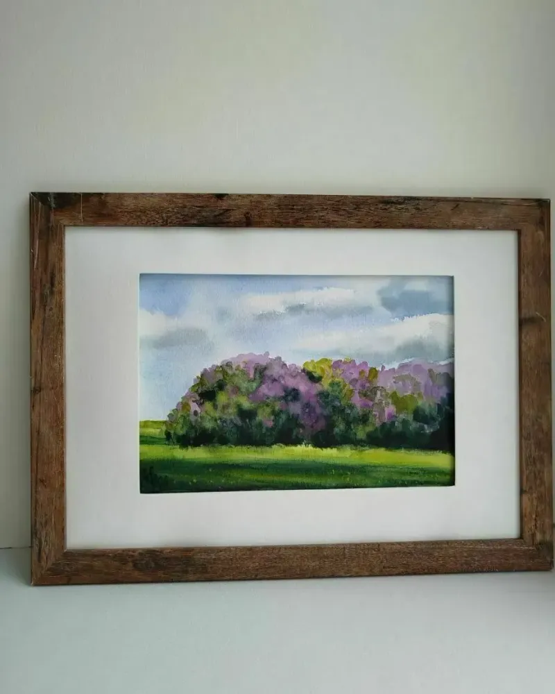 Кусты сирени. Акварель в раме — 14×21 см, в раме