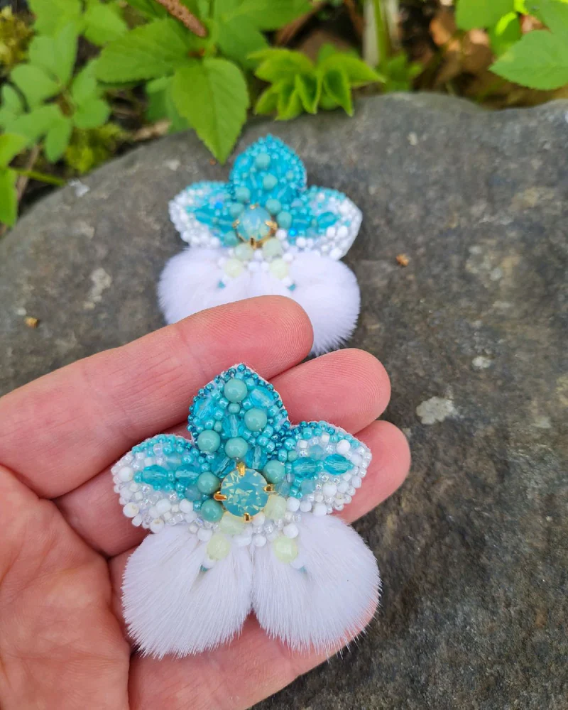Серьги с мехом норки, цветочки, мультиколор