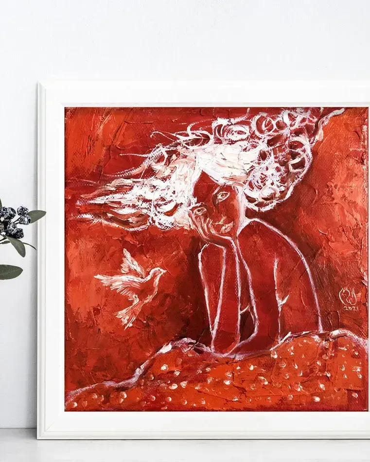 Девушка и птичка. Картина маслом 20×20 см — 20×20 см
