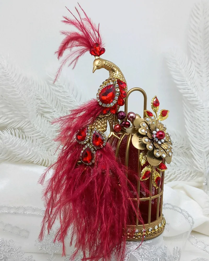 Ёлочные игрушка павлин на клетке бордовый красный золотой
