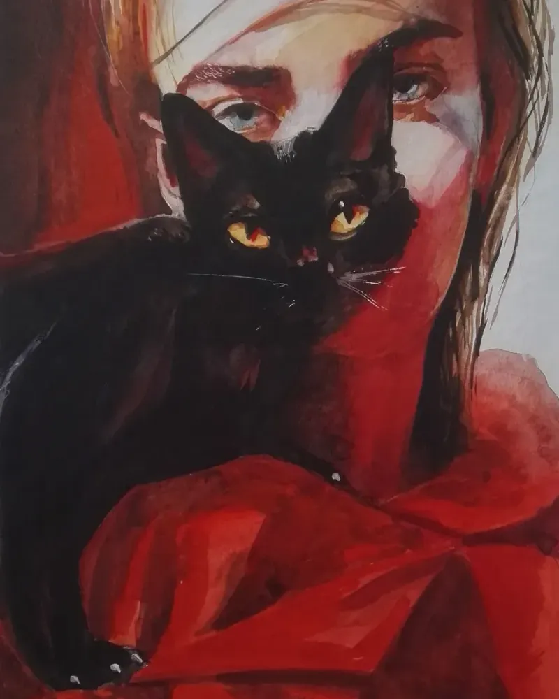 Девушка в красном и черный кот. Акварель 20×30 см — 20×30 см