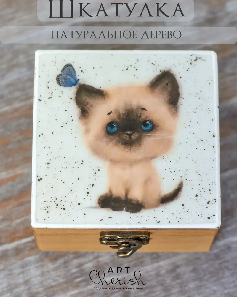 Шкатулка деревянная с рисунком, 10 × 10 × 6 см — Котик 02