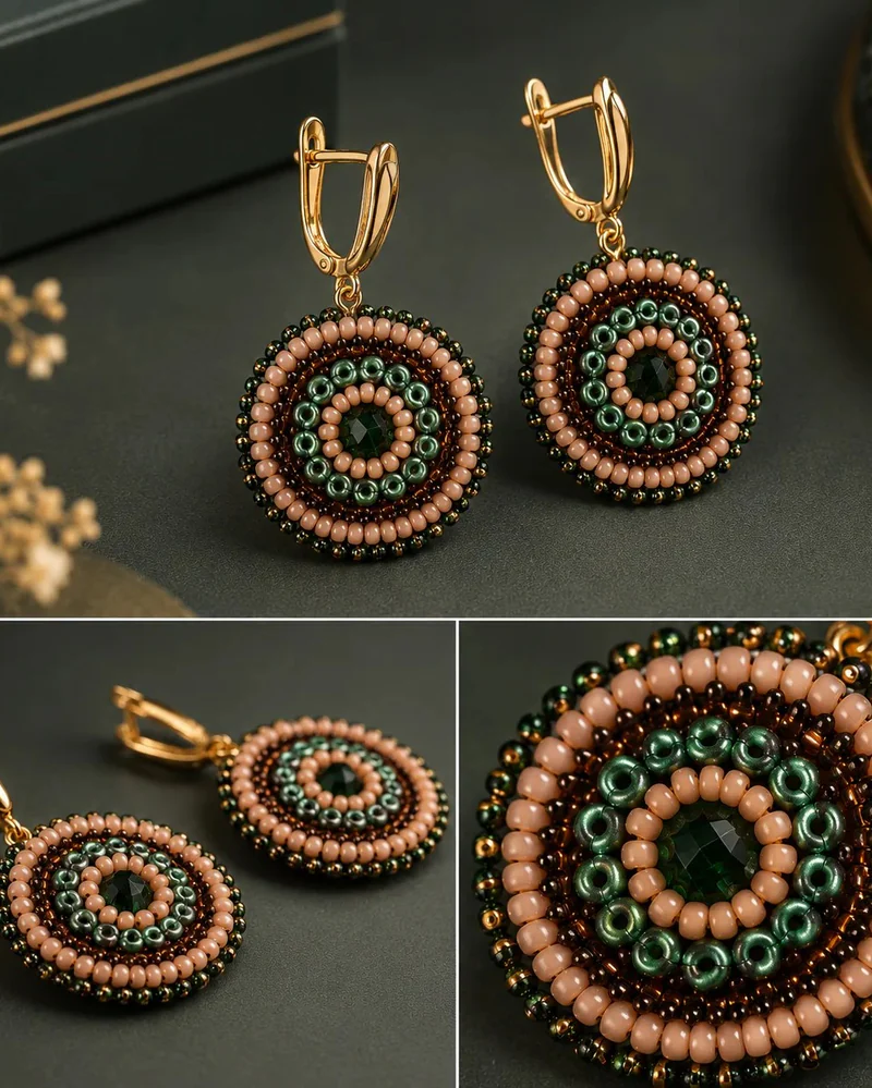 Серьги из бисера — Зеленый/Коричневый