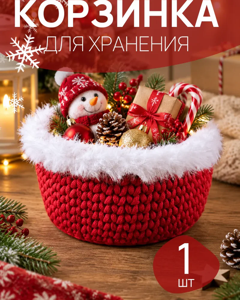 Новогодняя вязаная корзинка с белой опушкой — Красный с белой опушкой