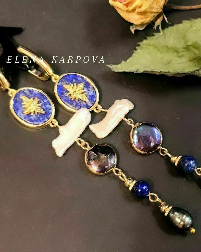 Серьги с жемчугом барокко, натуральным лазуритом, жемчугом в оправе
