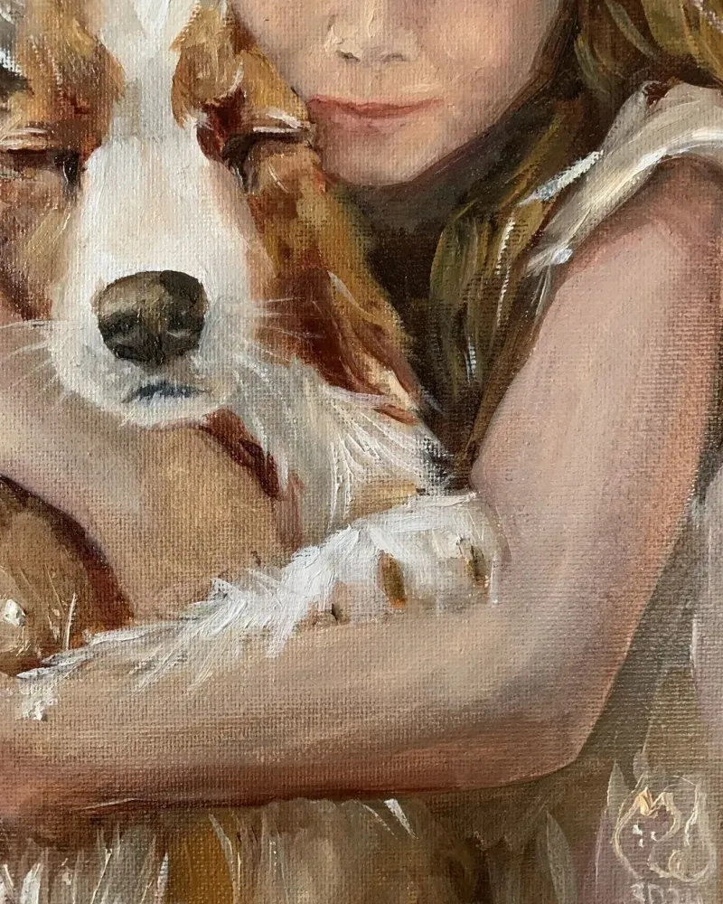 Девочка с собакой. Картина маслом 20×30 см — 20×30 см