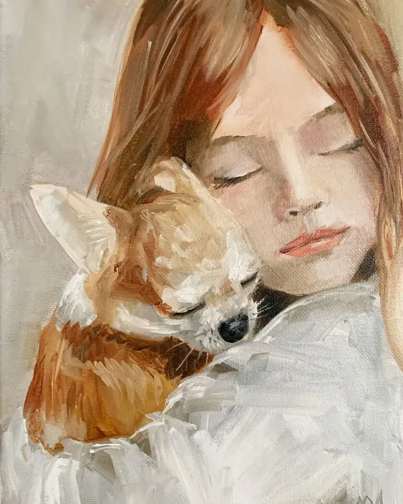 Девочка с собачкой. Картина маслом 20×30 см — 20×30 см