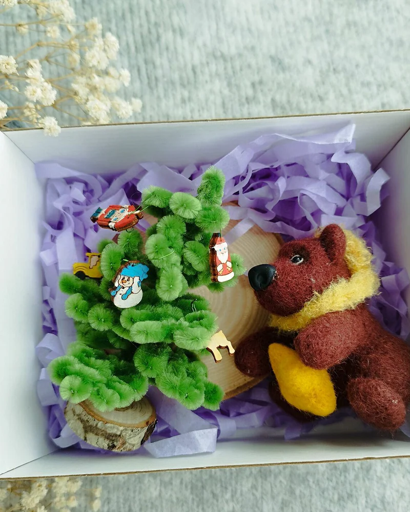 Войлочная игрушка медведь и елочка новогодняя, мишка косолапый