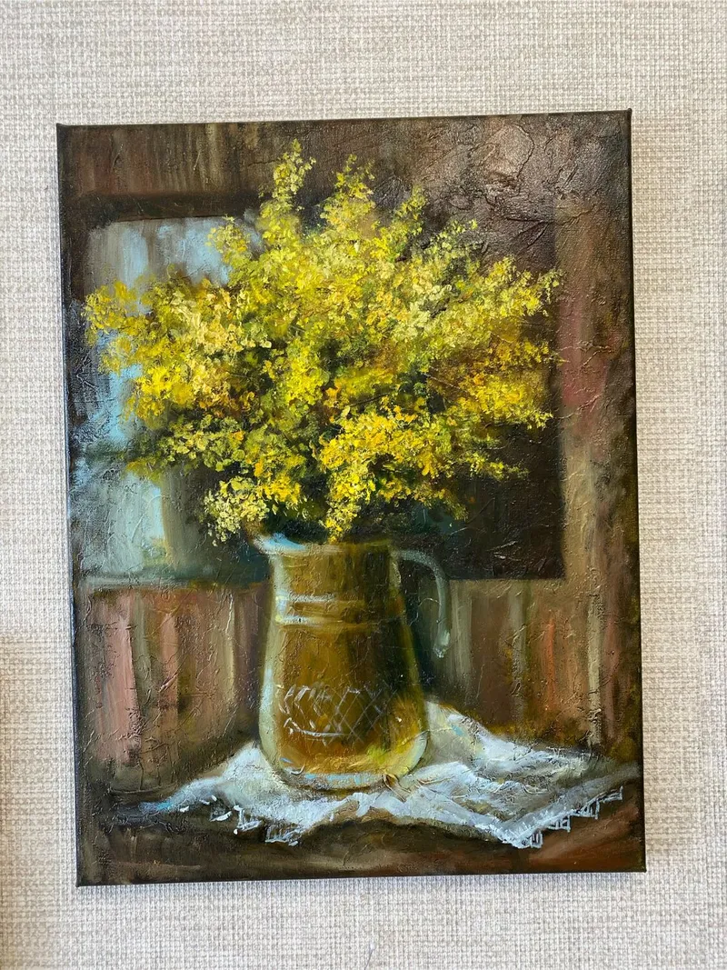 Картина «Жёлтые цветы в стеклянном графине», масло, 30×40 см